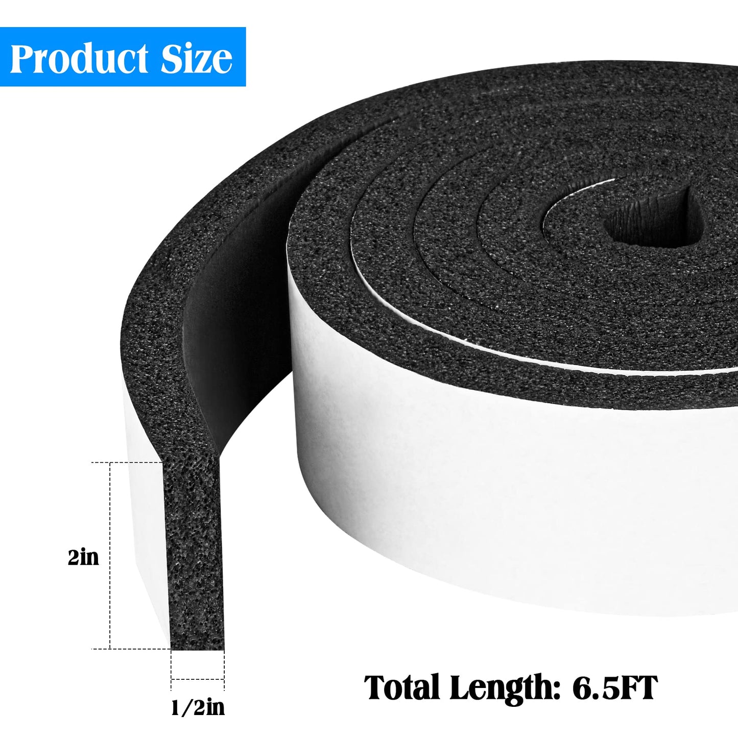 Foam Strips with Adhesive, 2 Inch Wide X 1/2 Inch Thick, Neoprene Weather Stripping High Density Foam Closed Cell Tape Seal for Doors and Windows Insulation, Total 6.5 Feet Long
