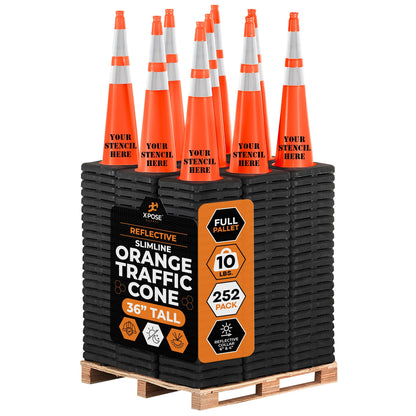 Xpose Safety 36 Inch Orange Slim Line Traffic Cones 6" & 4" Collar - Bulk Full Pallet 252 Pack - Multipurpose PVC Plastic Safety Cone for Parking, Caution & Construction – Custom Stenciling Available