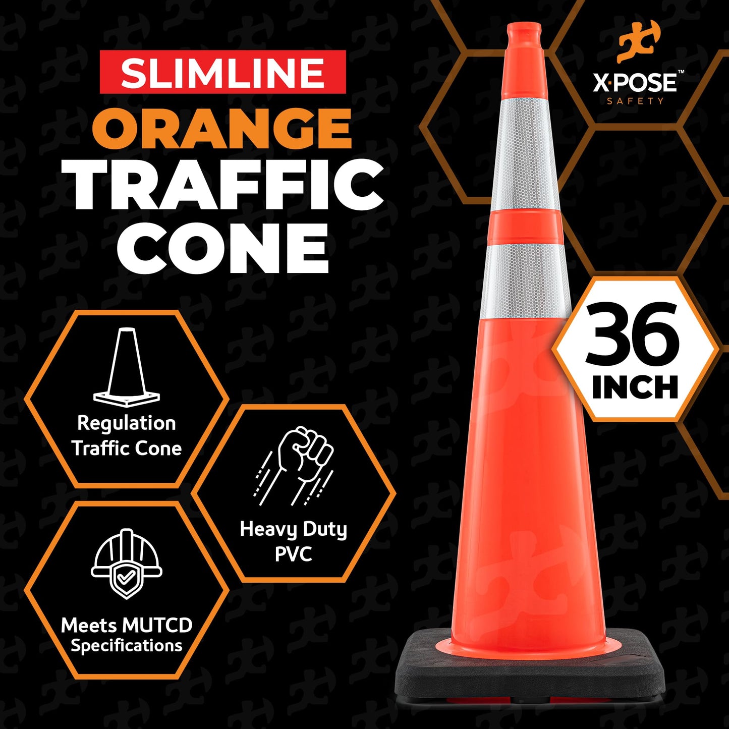 Xpose Safety 36 Inch Orange Slim Line Traffic Cones 6" & 4" Collar - Bulk Full Pallet 252 Pack - Multipurpose PVC Plastic Safety Cone for Parking, Caution & Construction – Custom Stenciling Available