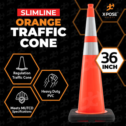 Xpose Safety 36 Inch Orange Slim Line Traffic Cones 6" & 4" Collar - Bulk Full Pallet 252 Pack - Multipurpose PVC Plastic Safety Cone for Parking, Caution & Construction – Custom Stenciling Available