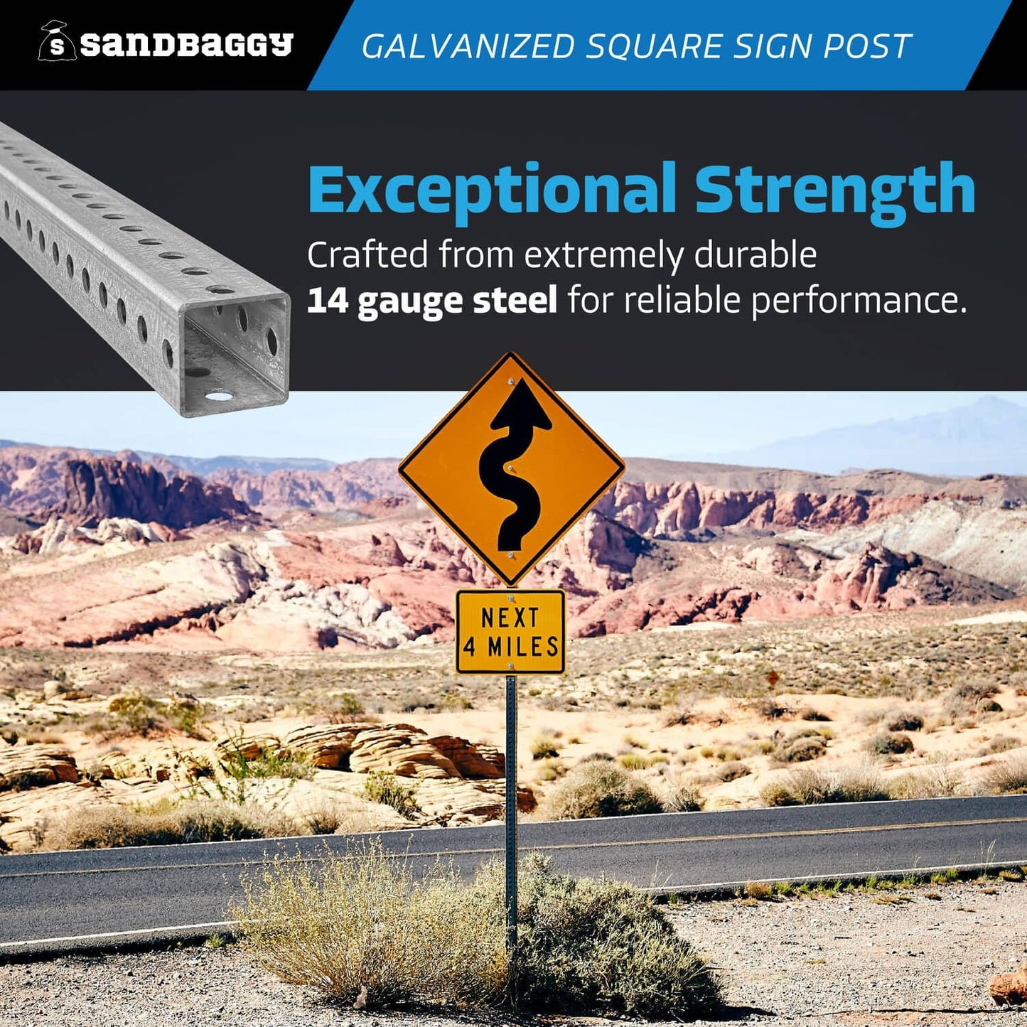 Sandbaggy 6 ft Galvanized Square Sign Post - 1-3/4" Wide - 7/16” Hole Diameter - Hot Dipped Galvanized Metal - Rust Resistant, Wind Resistant (12)