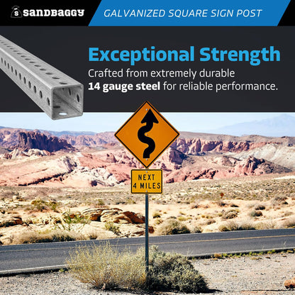 Sandbaggy 6 ft Galvanized Square Sign Post - 1-3/4" Wide - 7/16” Hole Diameter - Hot Dipped Galvanized Metal - Rust Resistant, Wind Resistant (12)