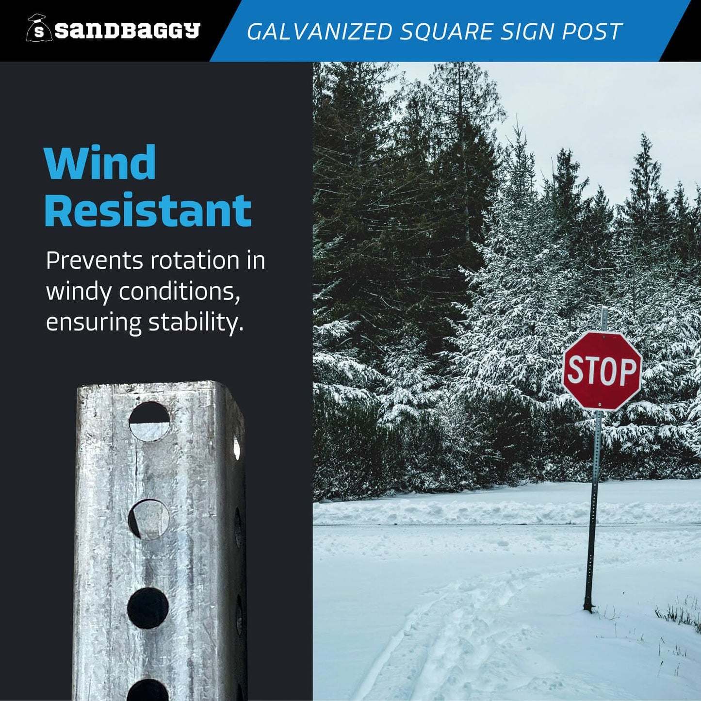 Sandbaggy 6 ft Galvanized Square Sign Post - 1-3/4" Wide - 7/16” Hole Diameter - Hot Dipped Galvanized Metal - Rust Resistant, Wind Resistant (12)