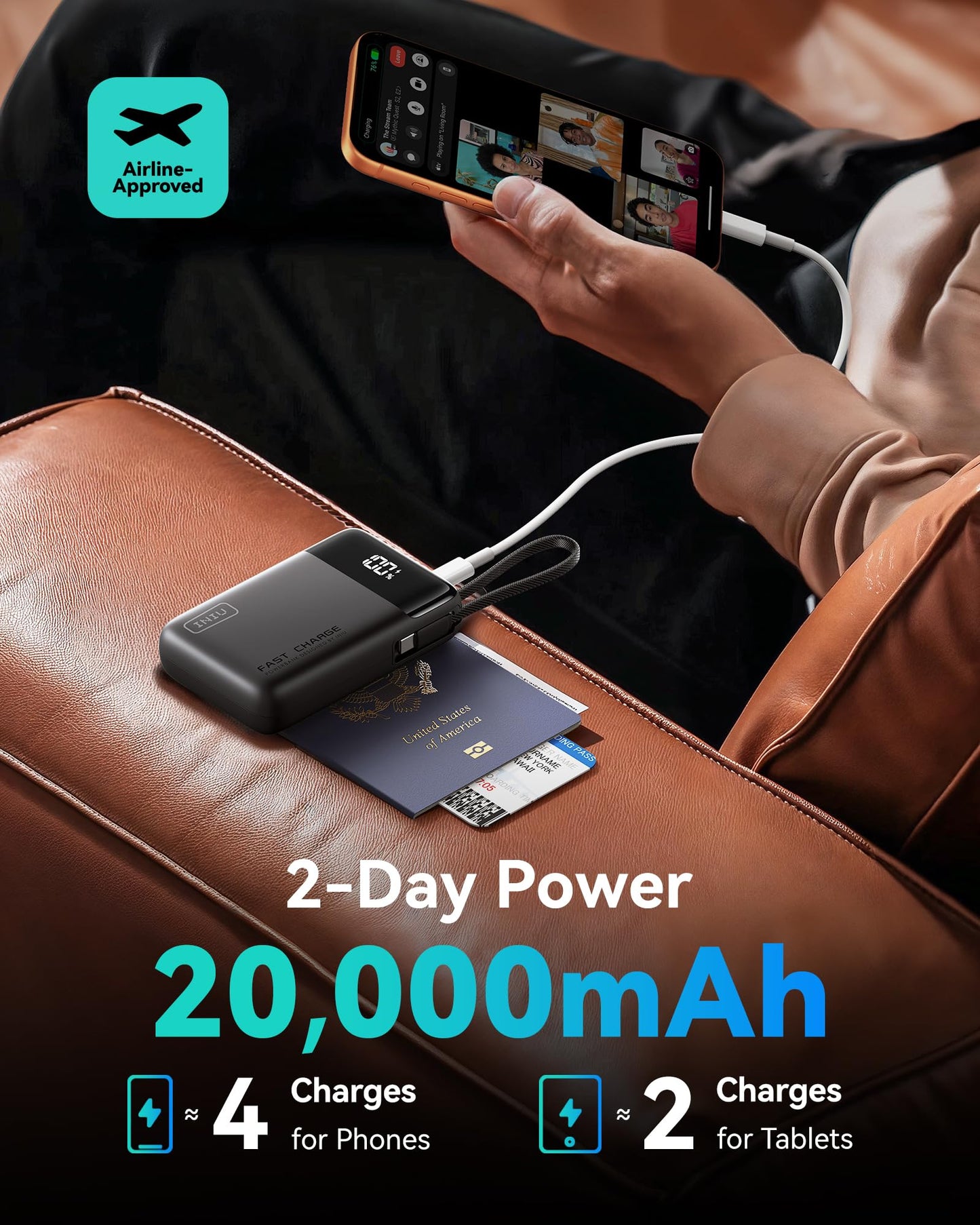 INIU 45W Portable Charger, Smallest 20000mAh Power Bank with Build in USB-C Cable, Fast Charging USB C in&Out Battery Pack, Travel Phone Charger for iPhone 17 16 15 Air Samsung S25 S24 Google iPad etc