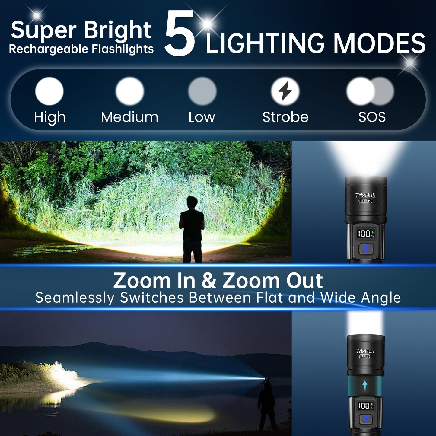 TrixHub Rechargeable Flashlights High Lumens, 5Mode Flash Light with LCD Digital Display, Super Bright Flashlight Adjustable Tactical Flashlight, High Powered LED Handheld Flashlight for Home