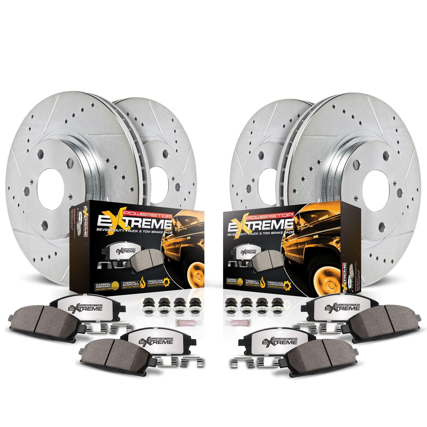 PowerStop Front & Rear Brake Kit For Chevrolet Colorado 2015-20 | GMC Canyon 2015-20 - Truck & Tow Carbon Fiber Ceramic Brake Pads + Drilled & Slotted Rotors Upgrade, K7228-36