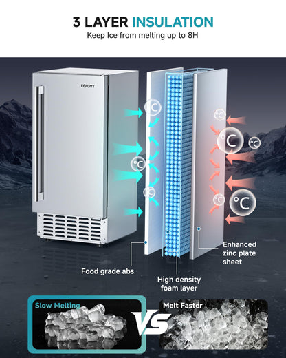 EUHOMY Under Counter Nugget Ice Maker Machine, 70Lbs/Day, Bulit-in Freestanding Ice Maker with Double Ice Baskets, Self-Cleaning & 24H Timer Ice Machine, for Home Use(Silver)