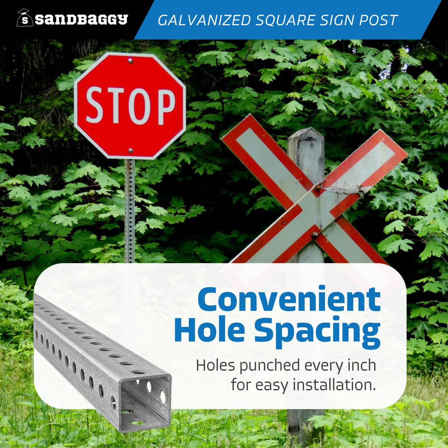 Sandbaggy 6 ft Galvanized Square Sign Post - 1-3/4" Wide - 7/16” Hole Diameter - Hot Dipped Galvanized Metal - Rust Resistant, Wind Resistant (12)
