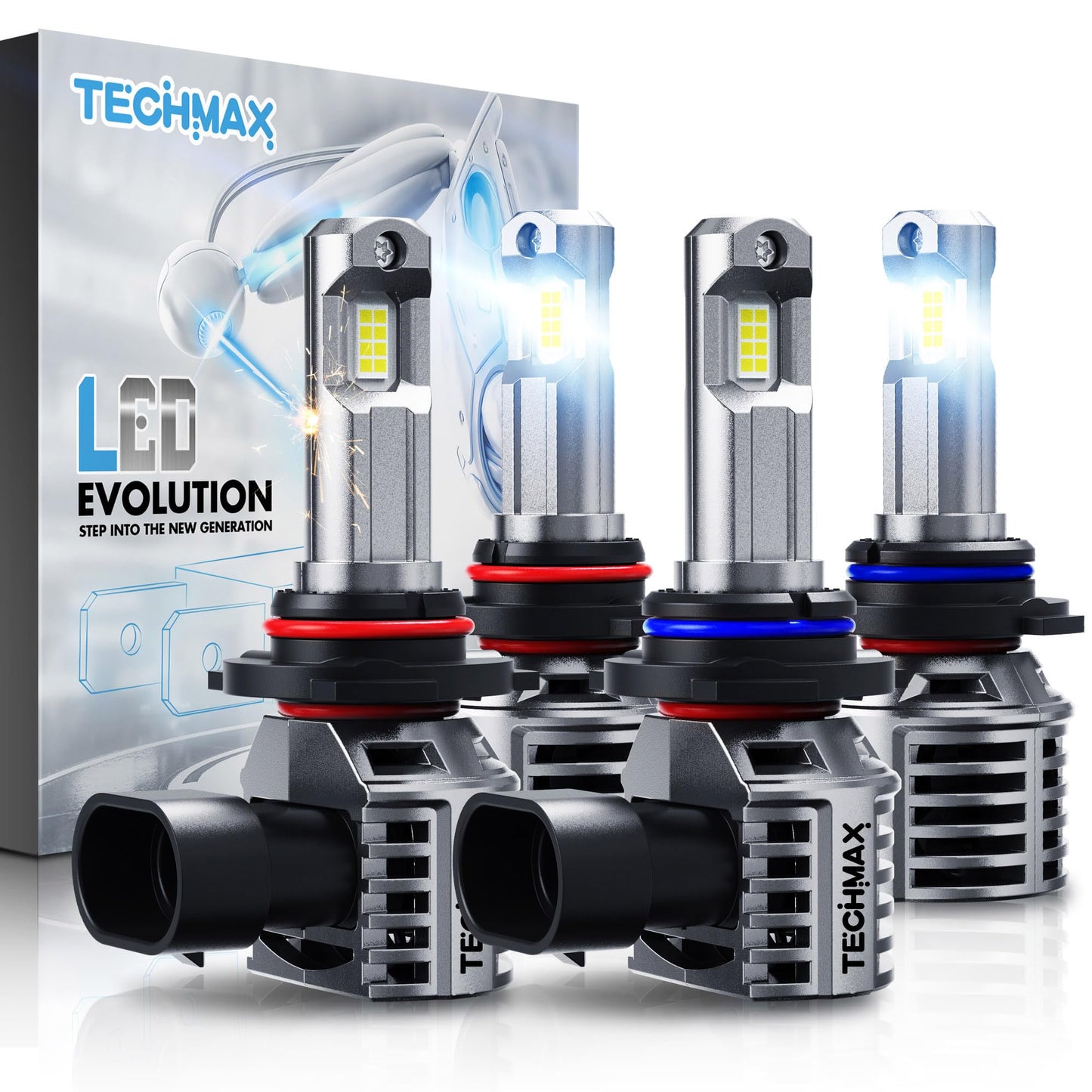TECHMAX 9005+9006 Bulbs, +600% Ultra Brightness 6500K White 9005 9006 Combo Fog Light Bulb with Cooling Fan, Plug and Play, Pack of 4