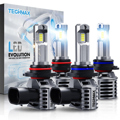 TECHMAX 9005+9006 Bulbs, +600% Ultra Brightness 6500K White 9005 9006 Combo Fog Light Bulb with Cooling Fan, Plug and Play, Pack of 4