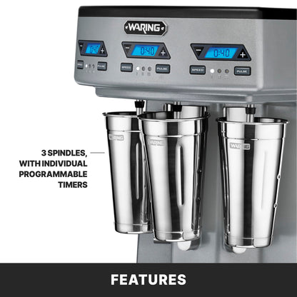 Waring Commercial WDM360TX Heavy-Duty Triple Spindle Drink Mixer, Each Spindle Has Independent 1hp Motor, with Countdown Timer, Digital Display, Automatic Start/Stop, 120V, 5-15 Phase Plug,Silver
