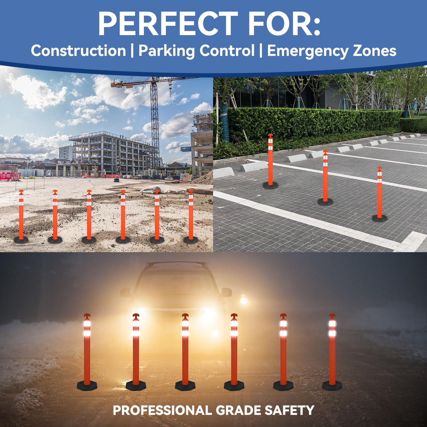 ECOSIGNS 42" Traffic Delineator Posts, Tall Safety Traffic Cones with Reflective Collars and Weighted Base for Construction, Road Work, Parking Lot Control (6 Packs)